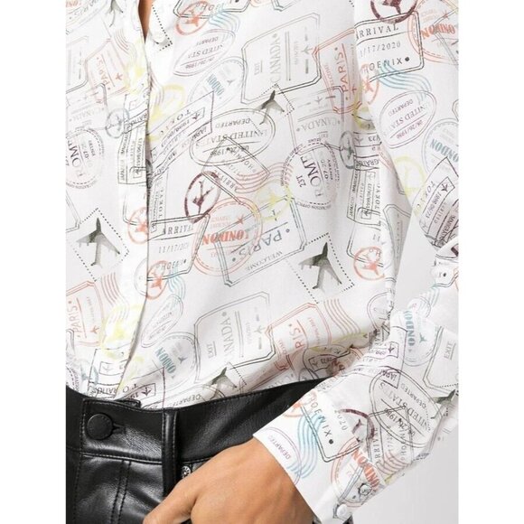 Alice + Olivia Willa Globe Trotter Stamp Silk Blouse Small - Picture 3 of 10